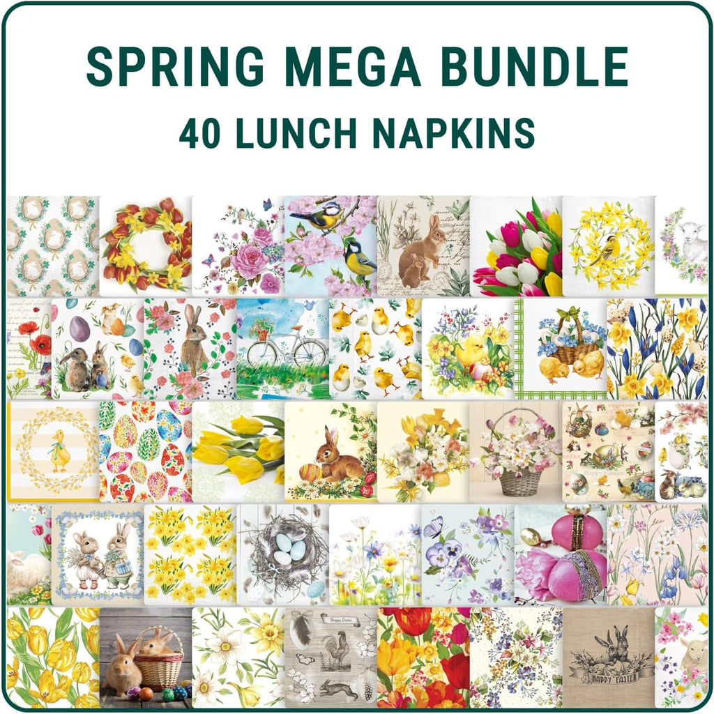 Mega Bundle of Decoupage Easter Napkins I 40 Various 3-Ply Lunch Napkins I Decorative Paper Napkins for Decoupage, Craft, Scrapbooking I Junk Journal Supplies (SPRING MEGA BUNDLE)