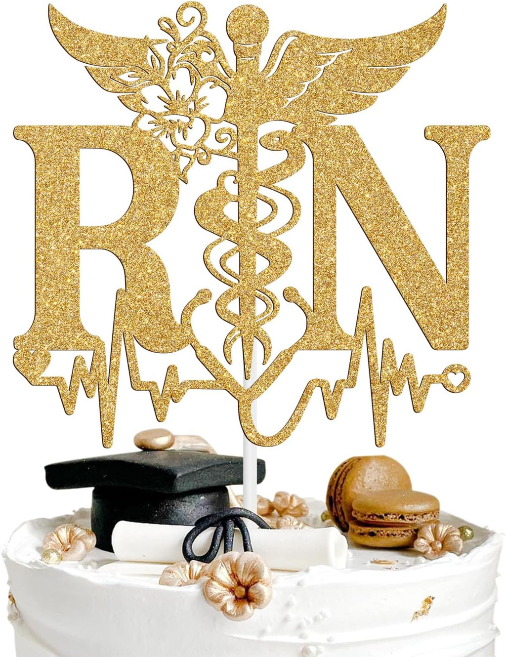 RN Cake Topper, Congrats Nurse Grad, Future RN/BSN/CNA/LPN/NP/PA, Nursing School Survivor, Medical School Graduation Party Decorations Supplies, Gold Glitter