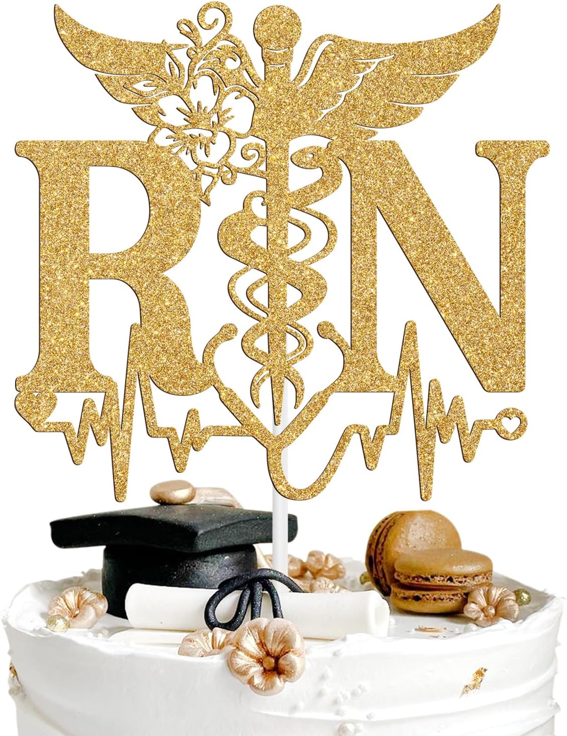 RN Cake Topper, Congrats Nurse Grad, Future RN/BSN/CNA/LPN/NP/PA, Nursing School Survivor, Medical School Graduation Party Decorations Supplies, Gold Glitter