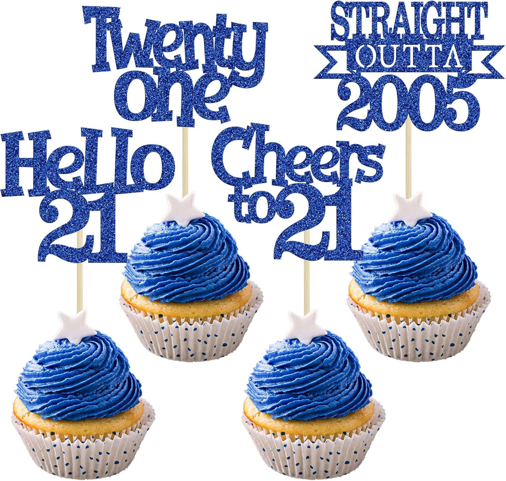 Ephlyn 24Pcs 21st Birthday Cupcake Toppers Glitter Straight Outta 2005 Cupcake Picks Hello 21 Cheers to 21 Years Cake Decorations for 21st Birthday Anniversary Party Decorations Supplies Blue