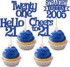 Ephlyn 24Pcs 21st Birthday Cupcake Toppers Glitter Straight Outta 2005 Cupcake Picks Hello 21 Cheers to 21 Years Cake Decorations for 21st Birthday Anniversary Party Decorations Supplies Blue