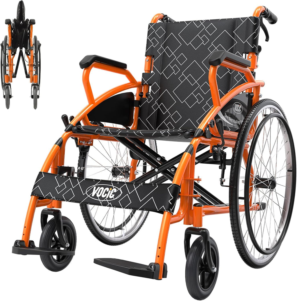 VOCIC Wheelchair for Adults Lightweight Portable Folding Wheelchair for Seniors with Flip-Back Arm Self-Propelled Wheelchair for Seniors with Double-Brake Designwith 23.6-Inch Large Rear