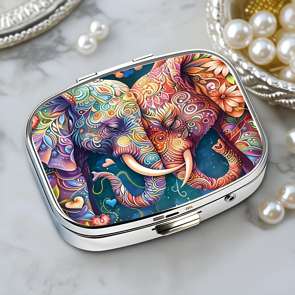 Chic Vibrant Intricate Elephants-Compartment Metal Pill Box – Compact and Stylish Medication Organizer, Food-Safe, Portable for Wallet or Pocket, Perfect for Vitamins and Supplements