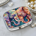 Chic Vibrant Intricate Elephants-Compartment Metal Pill Box – Compact and Stylish Medication Organizer, Food-Safe, Portable for Wallet or Pocket, Perfect for Vitamins and Supplements