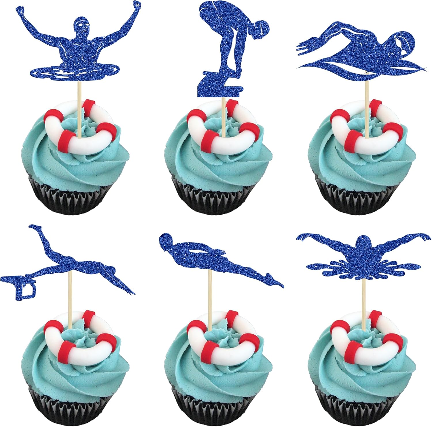 Ephlyn 24PcsSwim Cupcake Toppers Summer Swimming Cupcake Toppers Picks Black Swimming Cake Topper for Swim Party Birthday Baby Shower Kids Birthday Party Cake Decorations Supplies Blue