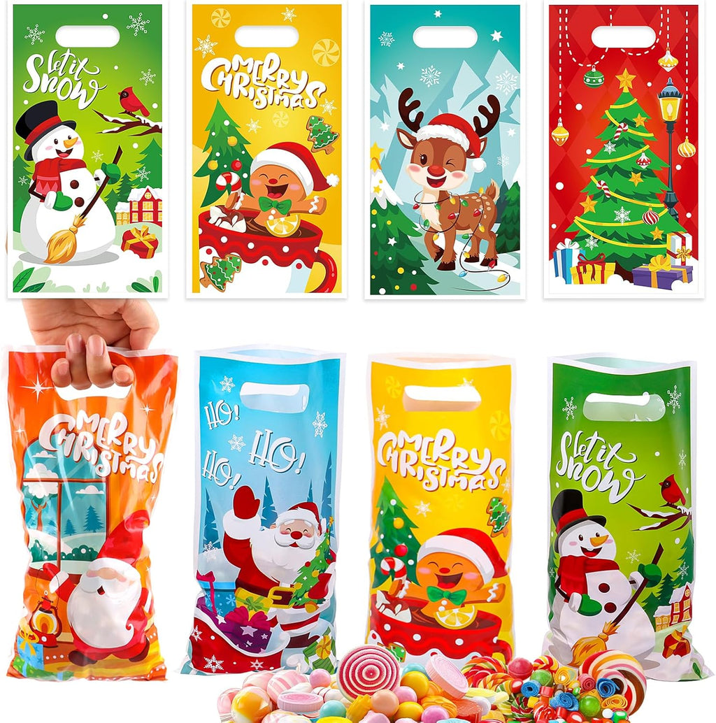 FOIMAS 108 PCS Christmas Treat Bags with Handles Plastic Christmas Goodie Candy Bags Xmas Gift Bag for Xmas Holiday Gift Wrapping Supply