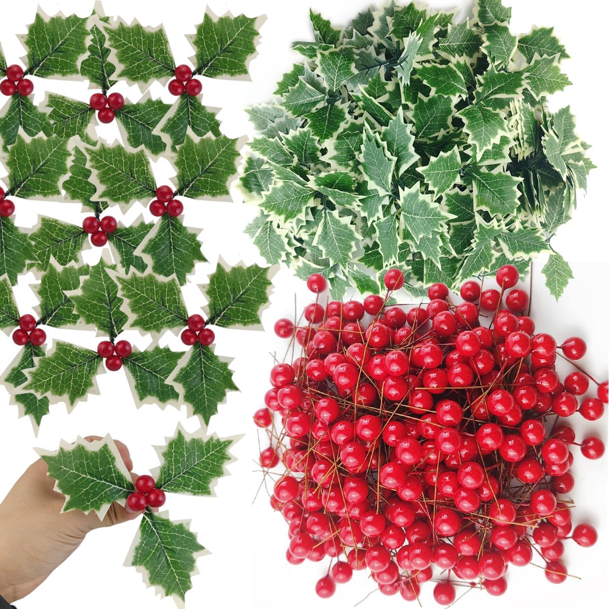 TIHOOD 300PCS Artificial Holly Berries with 100PCS Green Leaves rtificial Holly Leaves and Berries for Christmas Wreath Arrangement Cake Toppers Craft Wedding Party Home (Red)