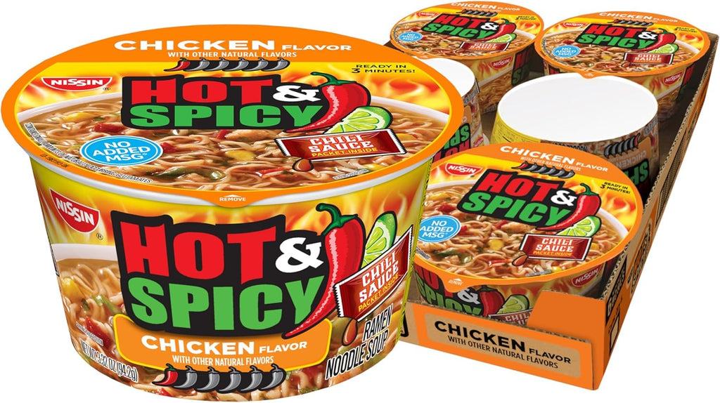 Nissin Hot & Spicy Ramen Noodle Soup, Chicken, 3.32 Ounce (Pack of 6)