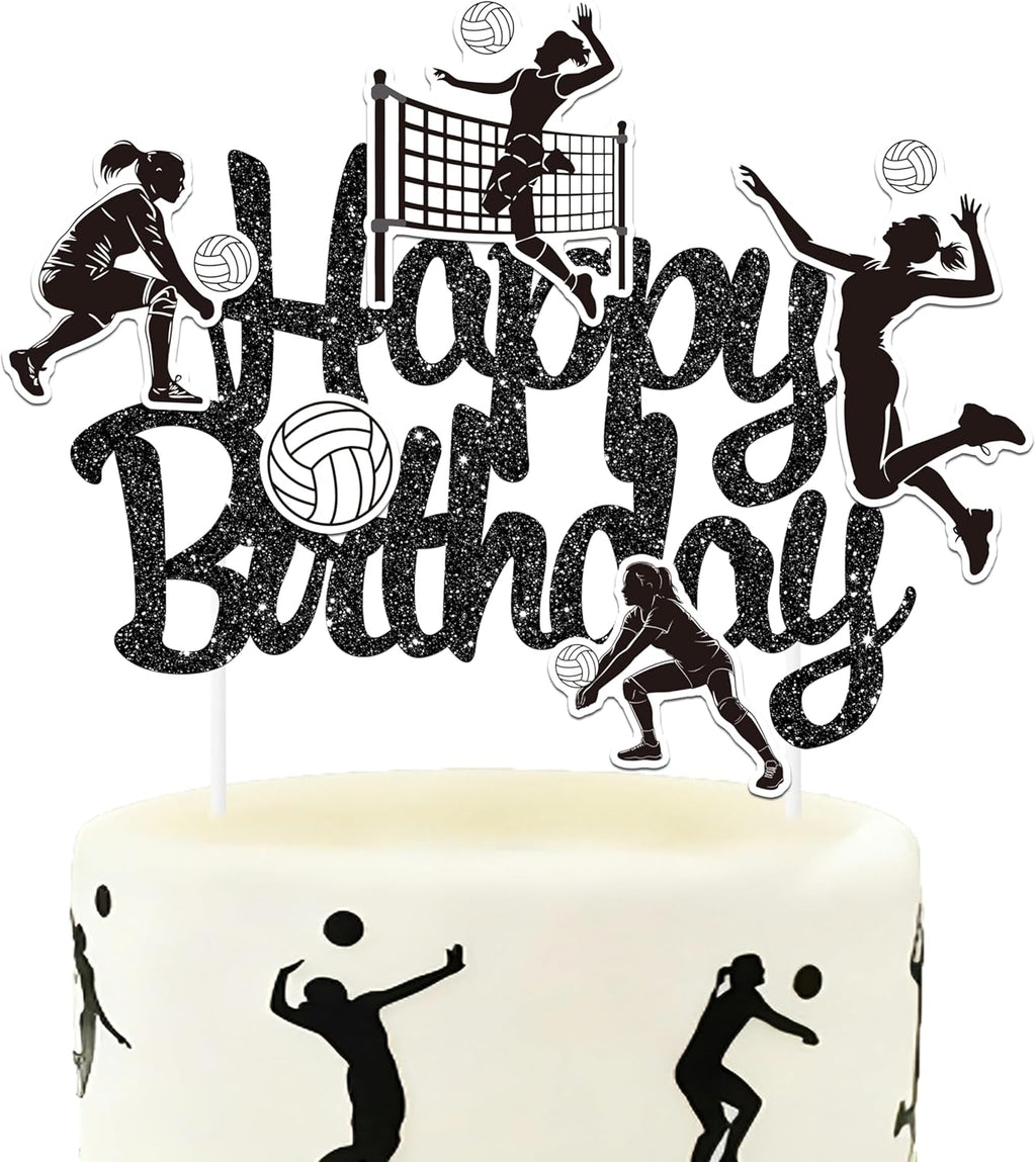 Volleyball Cake Topper Volleyball Happy Birthday Theme Party Decoration Glitter Black Sports Cake Decor Sport Ball Cake Pick for Girls Player Celebration Baby Shower Supplies