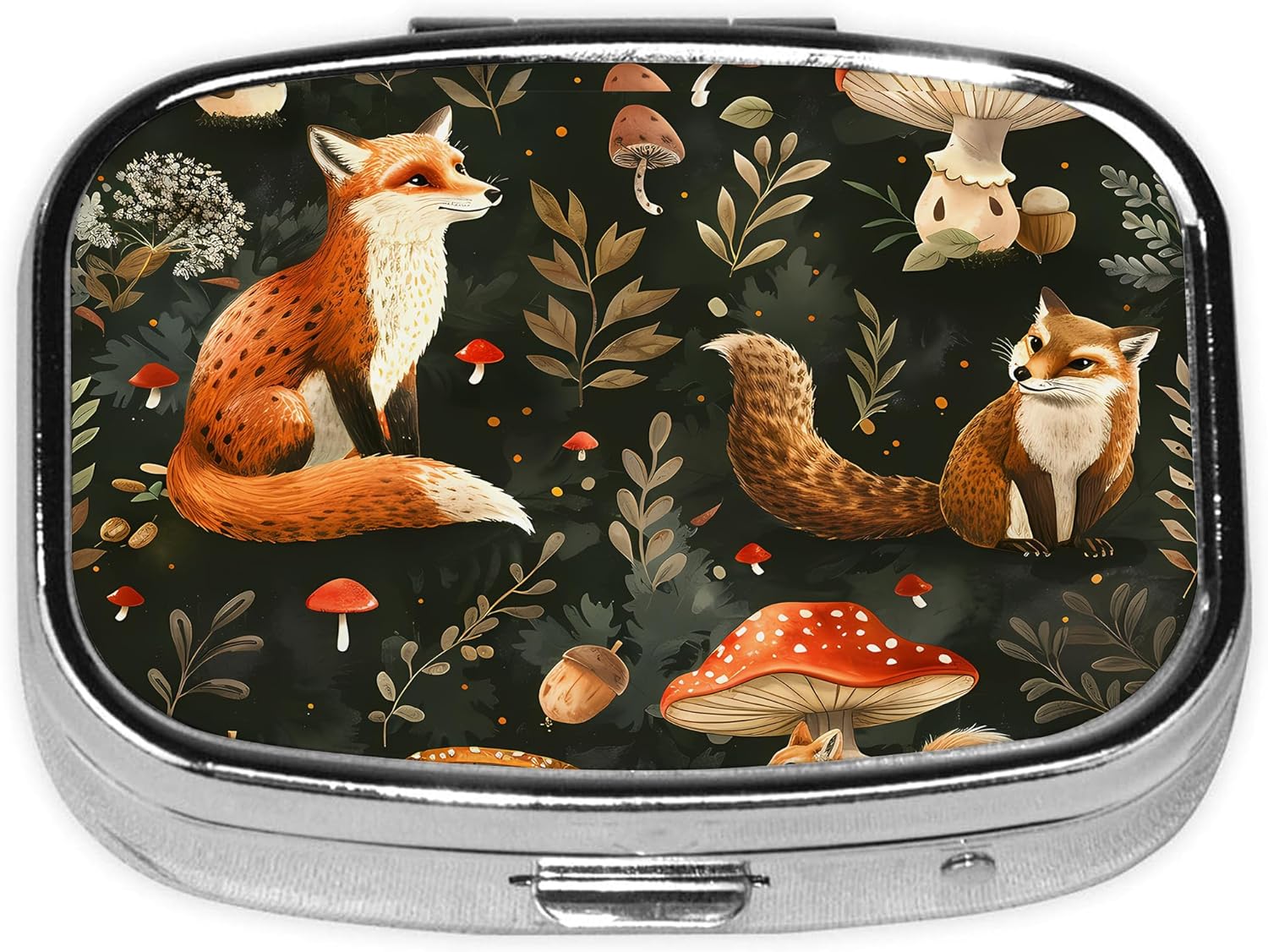 Pill Box-2 Compartment Small Pill Case Square Organizer Case with Mirror Portable Metal Medicine Box Travel Container for Pocket & Purse Women Men（Cute Fox Mushroom）