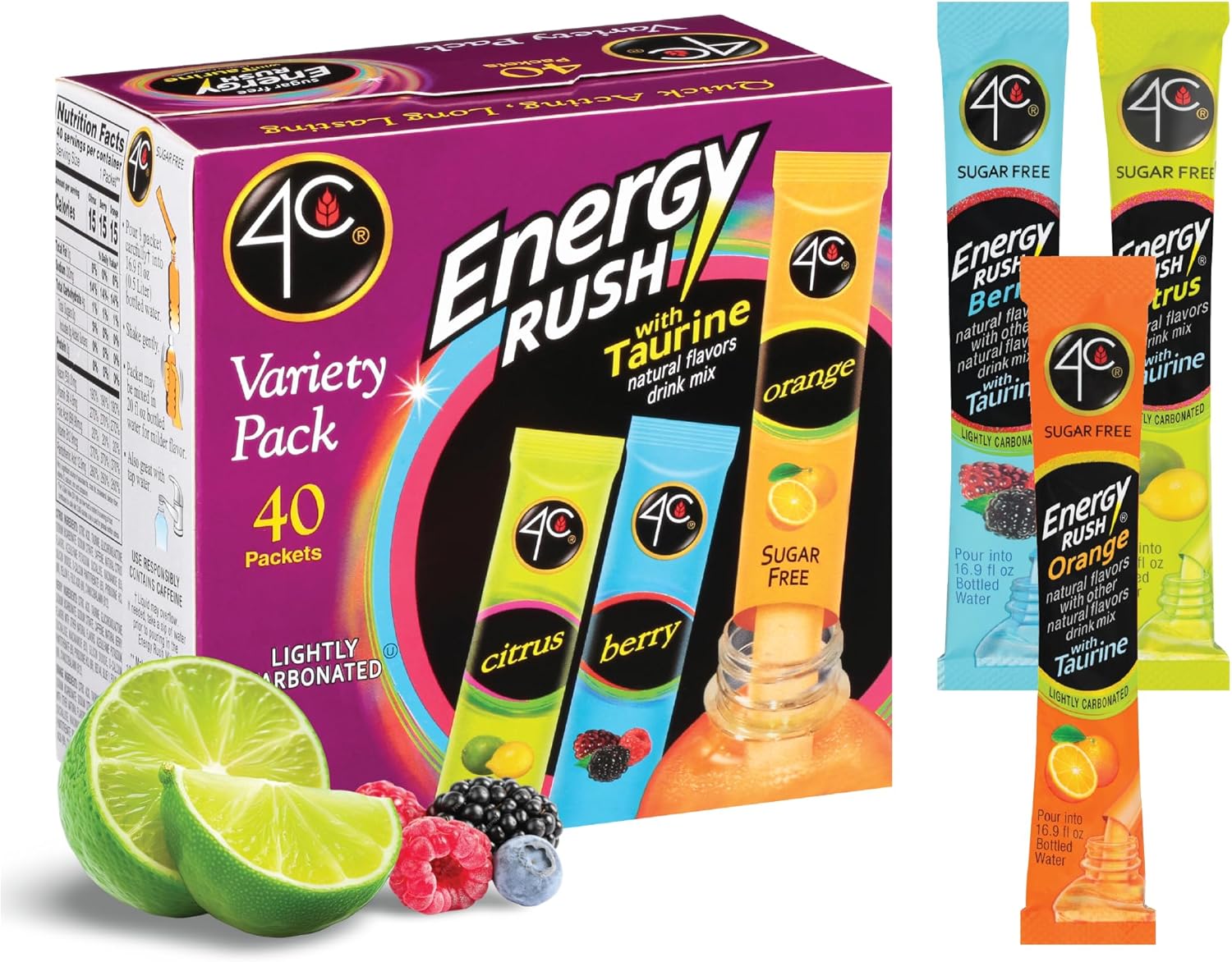 4C Energy Rush Stix, Variety 1 Pack, 40 Count, Single Serve Water Flavoring Packets, Sugar Free with Taurine, On the Go Bundle (20 Berry, 10 Orange, 10 Citrus)