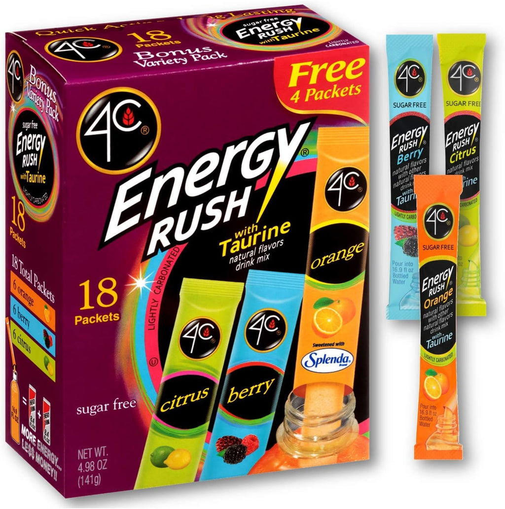 4C Energy Rush Drink Mix - Pack of 2 Boxes - 18 Packets Each - Makes 36 Servings - 6 Orange, 6 Berry, 6 Citrus Packets - Bonus Variety Pack -Net Wt. 4.987 OZ (141g) Each Box
