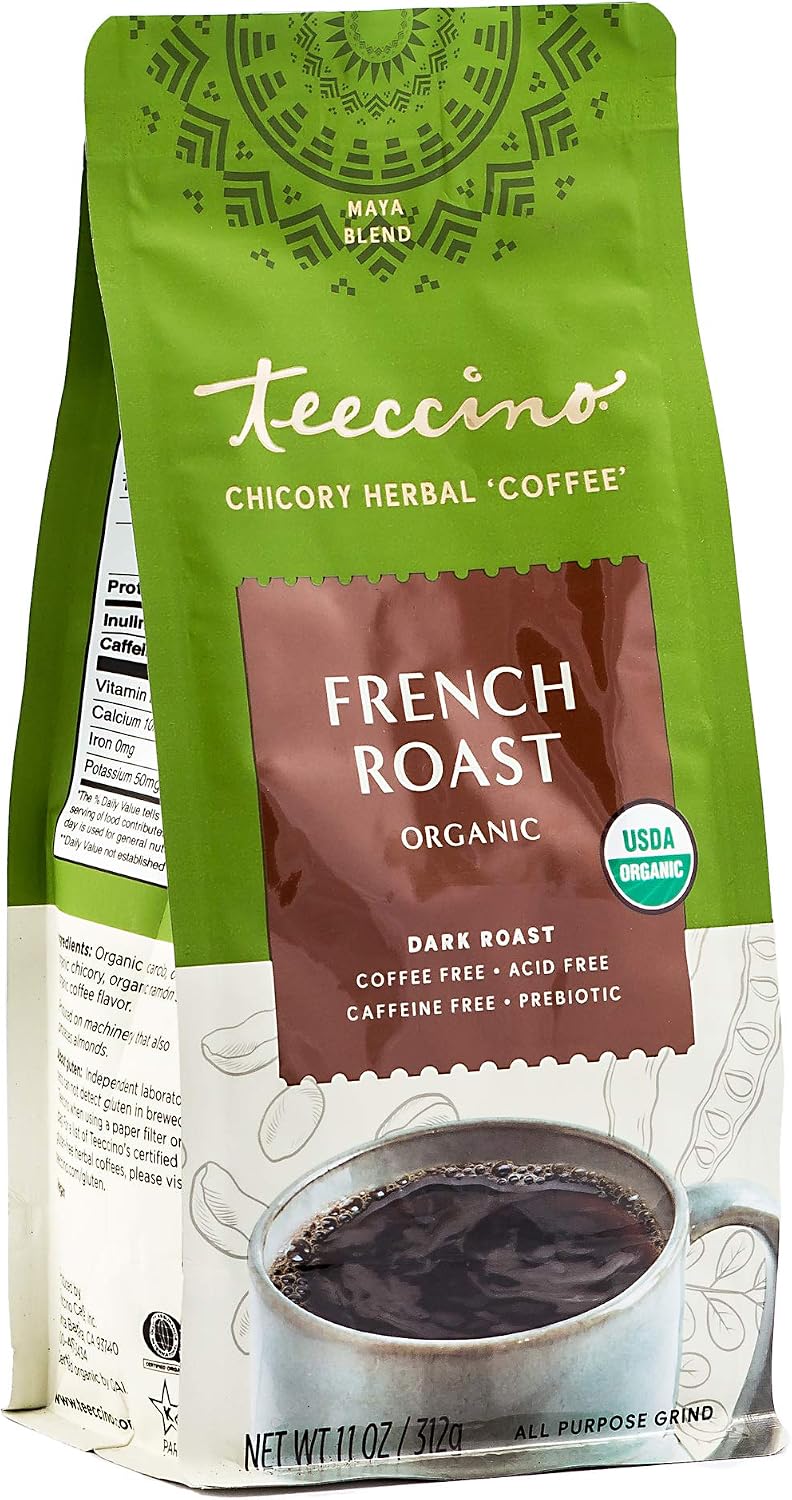 Teeccino French Roast Chicory Coffee Alternative, 11 Ounce: Ground Herbal Coffee That’s Prebiotic, Caffeine-Free & Acid-Free, Dark Roast, with Carob and Chicory, No artificial flavors