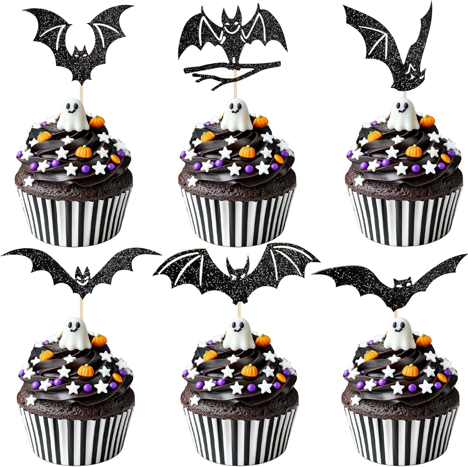 Black Glitter Bat Cupcake Toppers 24Pcs Bat Halloween Cupcake Picks Bats Cake Decorations Halloween Bat Wings Cake Decorations Horror Cake Cupcake Toppers for Halloweens Theme Birthday Party