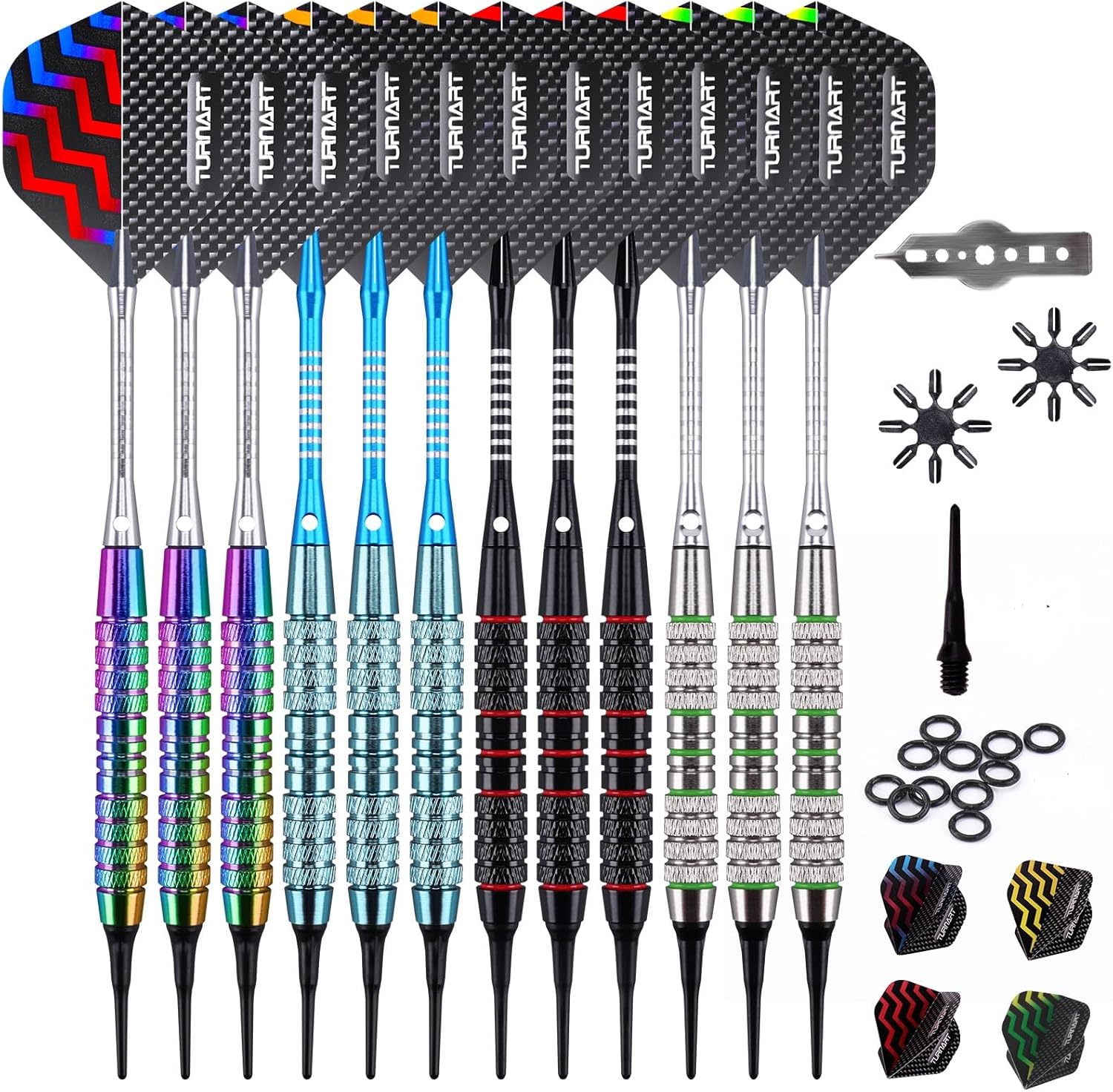 Turnart Darts Plastic Tip - Professional Soft Tip Darts Set for Electronic Dartboard 12 Pcs 18 Grams with 50 Extra Tips 24 Flights 2 Flight Protctors and Tool Kit Gift Darts