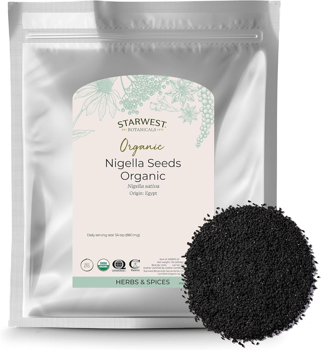 Starwest Botanicals Organic Nigella Seeds - Dried Black Cumin Seed for Cooking & Baking, Nigella Sativa Seasoning, Whole Body Support for Men & Women, Non-GMO - Bulk 1 lb Bag