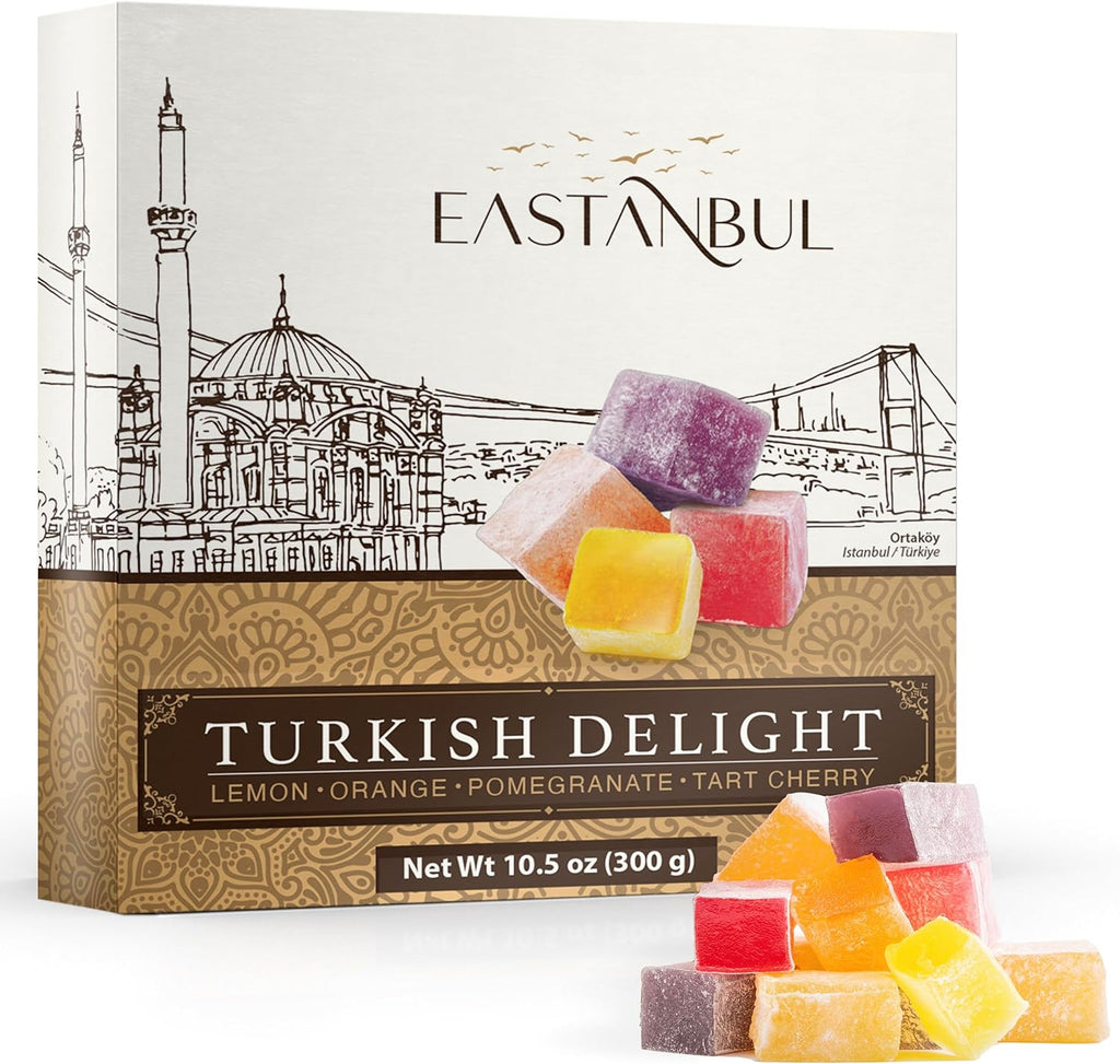 Eastanbul Turkish Delight, 10.5oz, Turkish Delights Candy, 4 Flavors Pomegranate, Orange, Tart Cherry, Lemon, International Candy, Lokum, Plain, Gluten Free, Vegan Gift