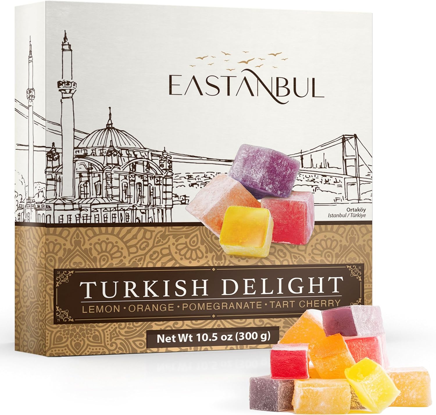 Eastanbul Turkish Delight, 10.5oz, Turkish Delights Candy, 4 Flavors Pomegranate, Orange, Tart Cherry, Lemon, International Candy, Lokum, Plain, Gluten Free, Vegan Gift
