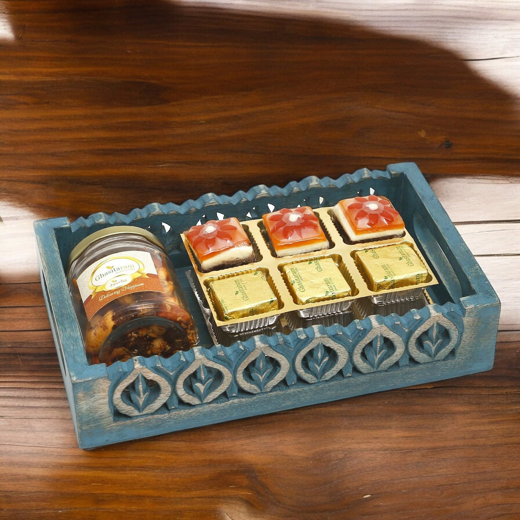 Jaiccha Ghasitaram Blue Wooden Tray with Assorted Bites and Mix Dryfruits Jar|Gift for Diwali Gifts,Holi,Rakhi,Valentine,Christmas,Birthday,Anniversary,Her,Him|