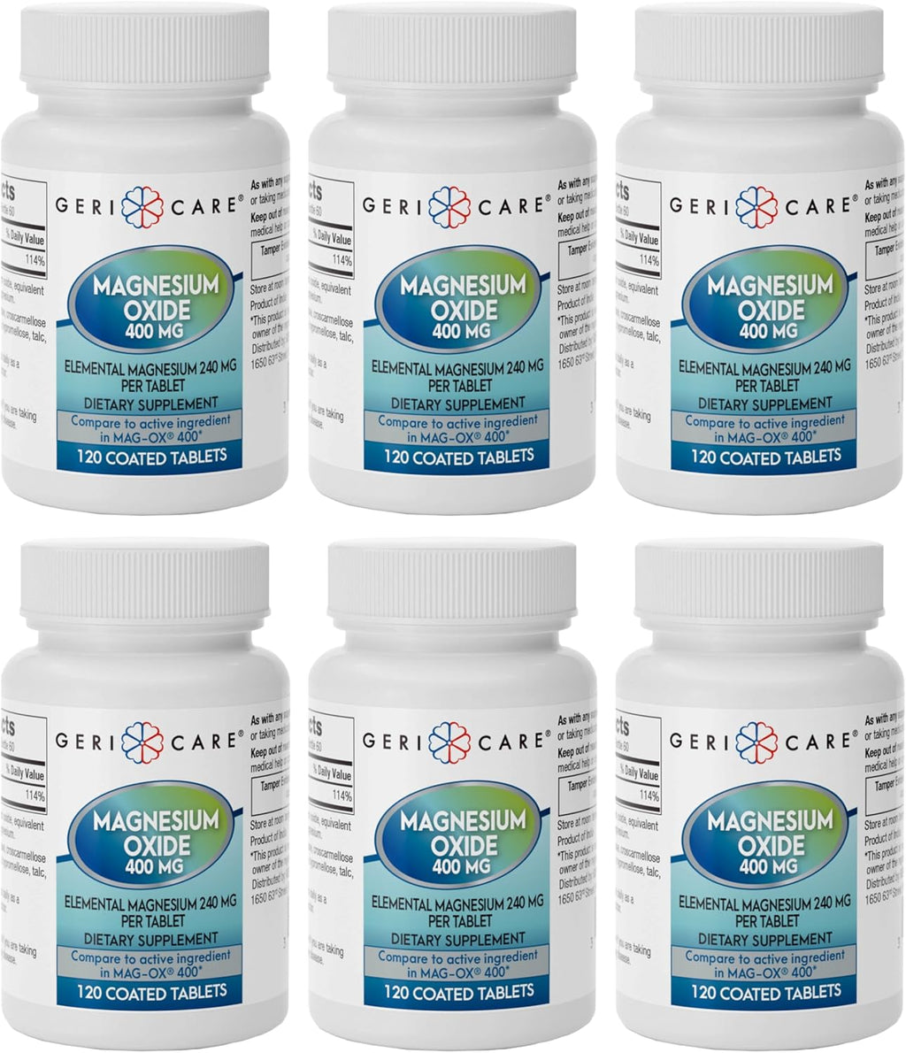 GeriCare Magnesium Oxide Supplement 240 mg - Elemental Magnesium, 120 Tablets – Essential Mineral Support - Promotes Vascular Health, Bone Strength, and Muscle Function (Pack of 6)