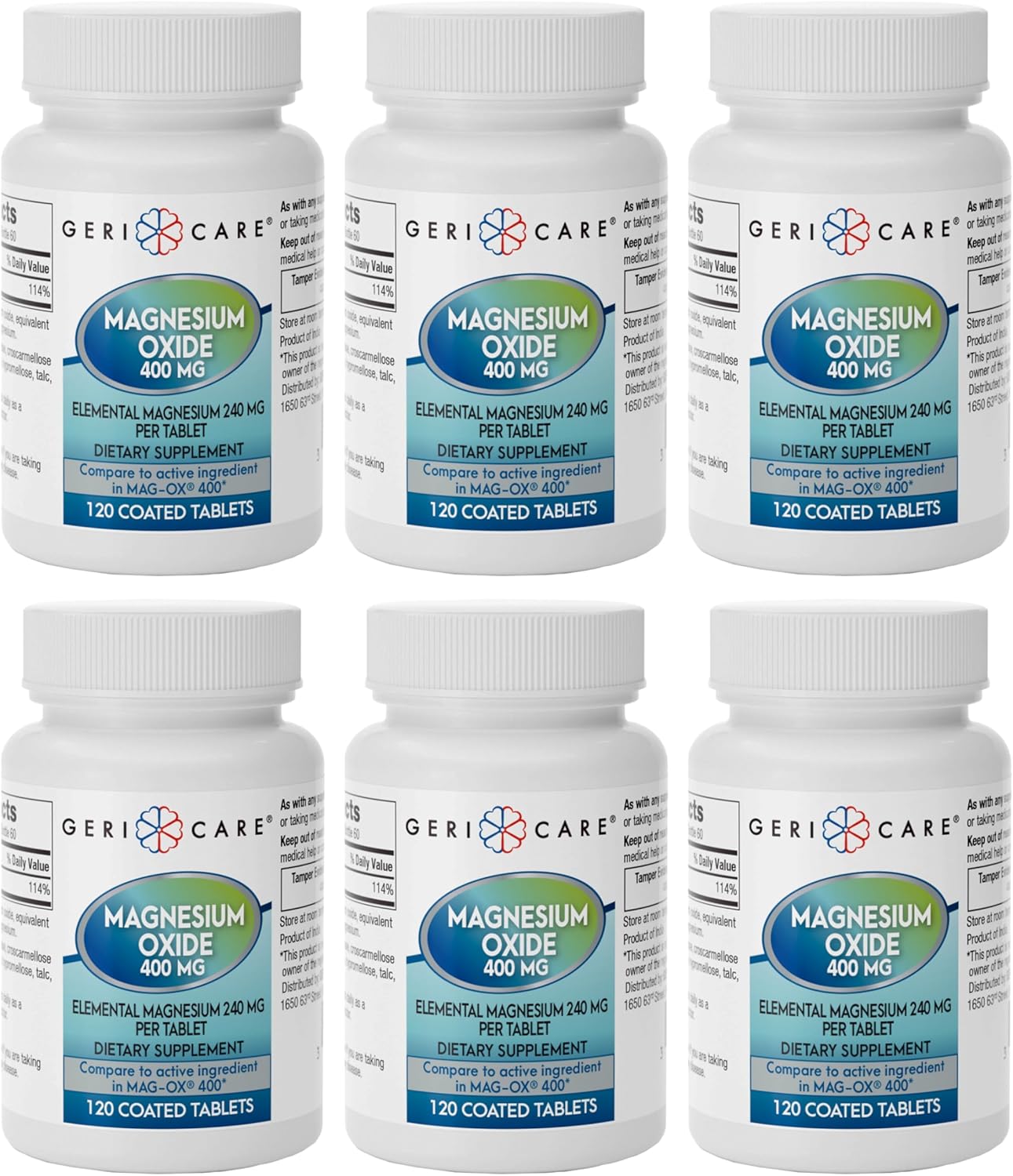 GeriCare Magnesium Oxide Supplement 240 mg - Elemental Magnesium, 120 Tablets – Essential Mineral Support - Promotes Vascular Health, Bone Strength, and Muscle Function (Pack of 6)
