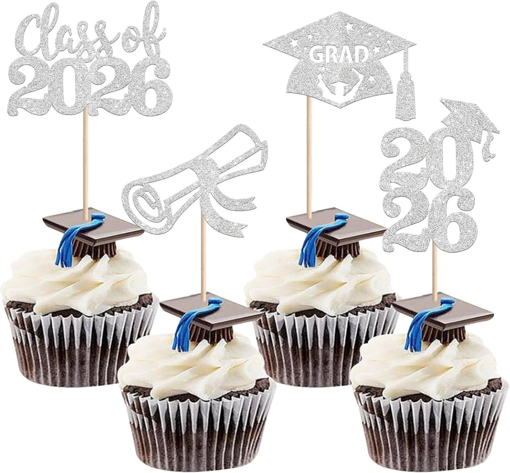 24 PCS 2026 Graduation Cupcake Toppers Glitter Class of 2026 Diploma Grad Cap Cupcake Picks 2026 Graduation Theme Party Cake Decorations Supplies Silver