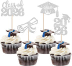 24 PCS 2026 Graduation Cupcake Toppers Glitter Class of 2026 Diploma Grad Cap Cupcake Picks 2026 Graduation Theme Party Cake Decorations Supplies Silver
