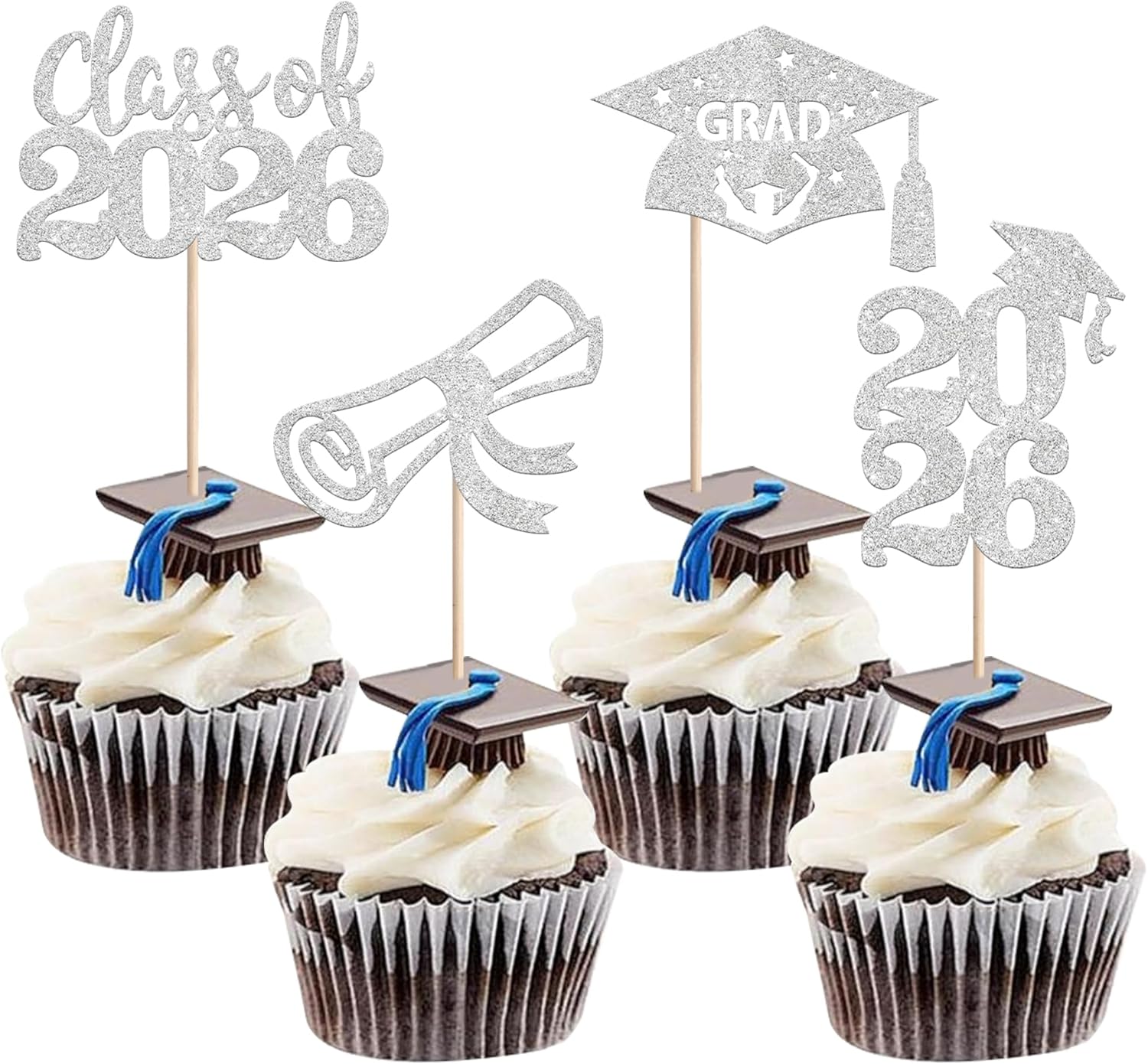 24 PCS 2026 Graduation Cupcake Toppers Glitter Class of 2026 Diploma Grad Cap Cupcake Picks 2026 Graduation Theme Party Cake Decorations Supplies Silver