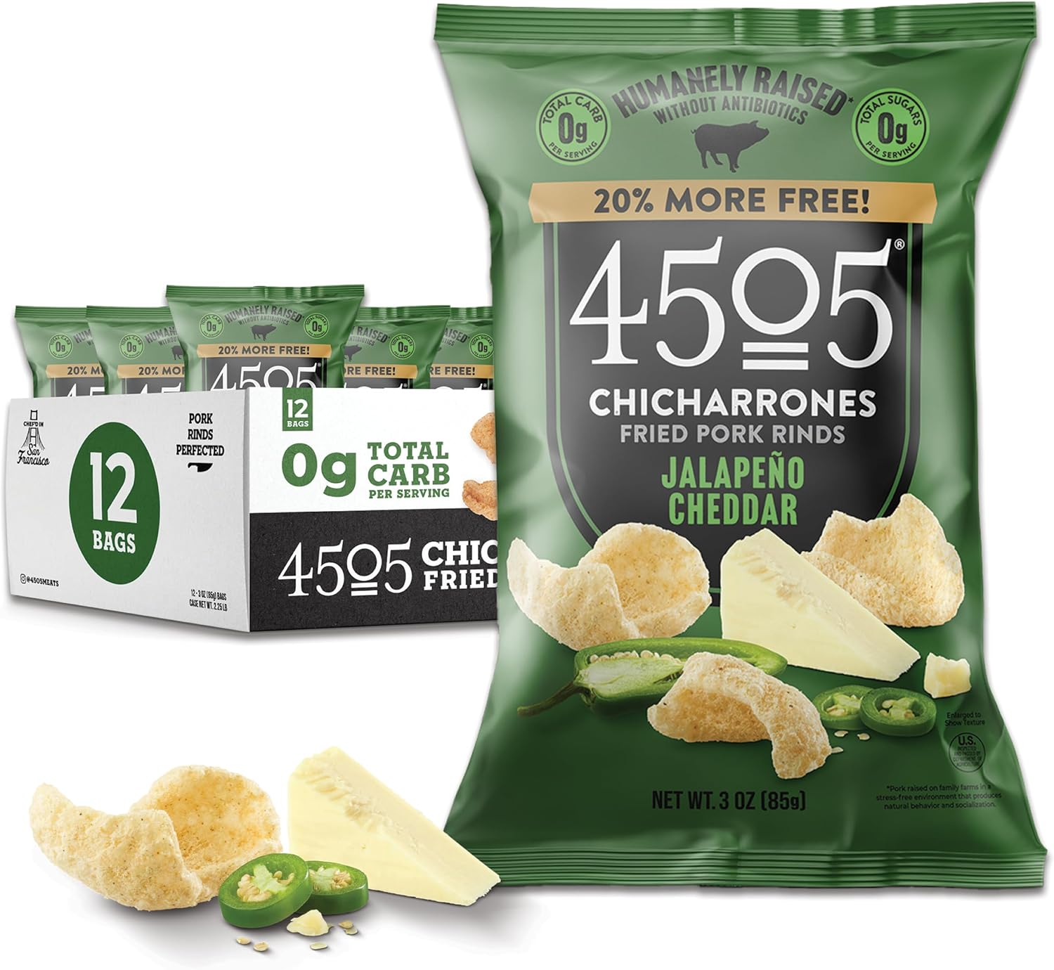 4505 Jalapeno Cheddar Seasoned Chicharrones, Fried Pork Rinds - Jalapeno Cheddar Flavored Pork Skins - Low Carb, Gluten-Free, Protein Snack - 3oz (Pack of 12