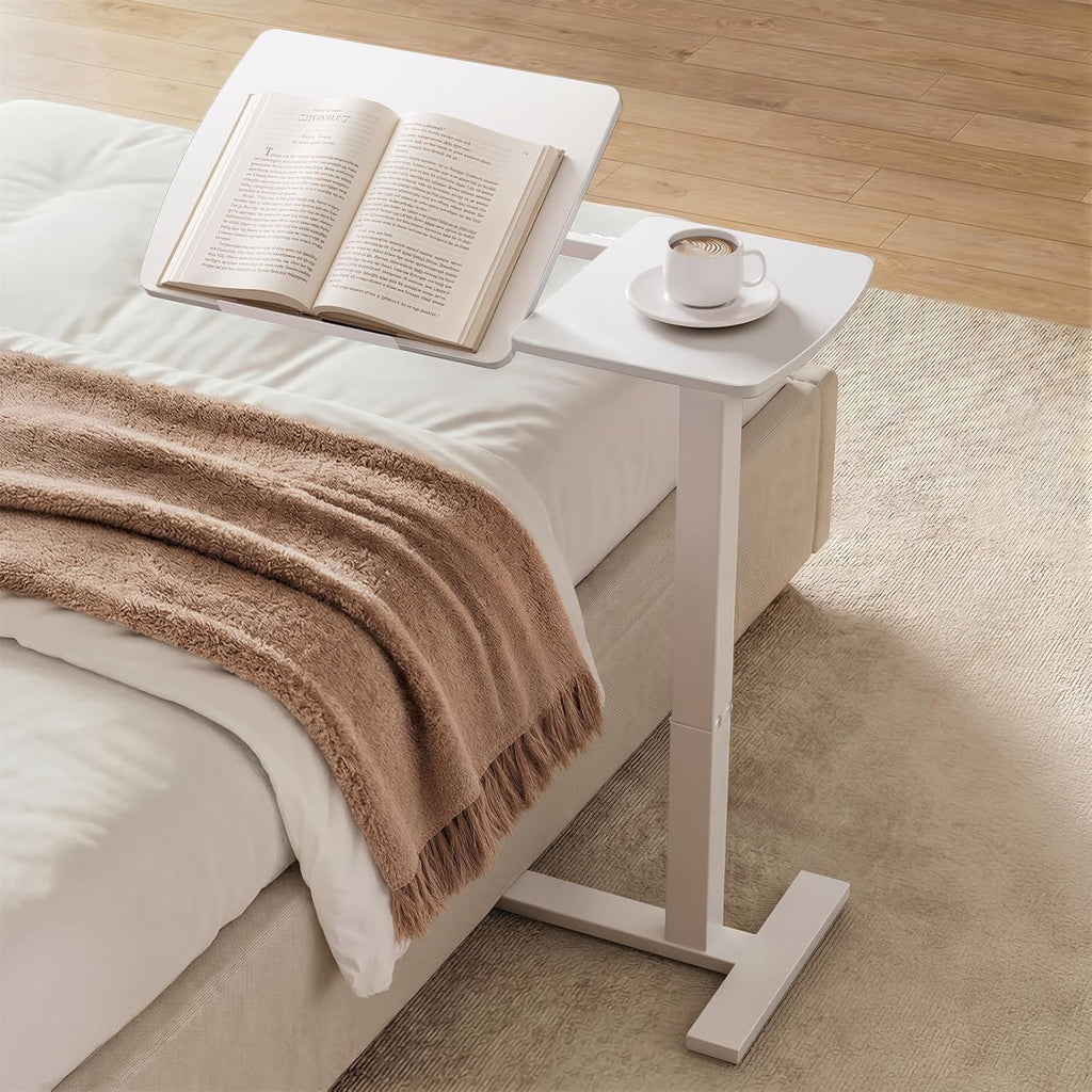 Sakugi Overbed Bedside Table with Wheels, Height Adjustable Laptop Desk, Hospital Bed Table with Right-Side Tilt Top, Rolling Bed Tray for Home & Office,27.6" L x 12.9" D x 29.1"–39" H, White