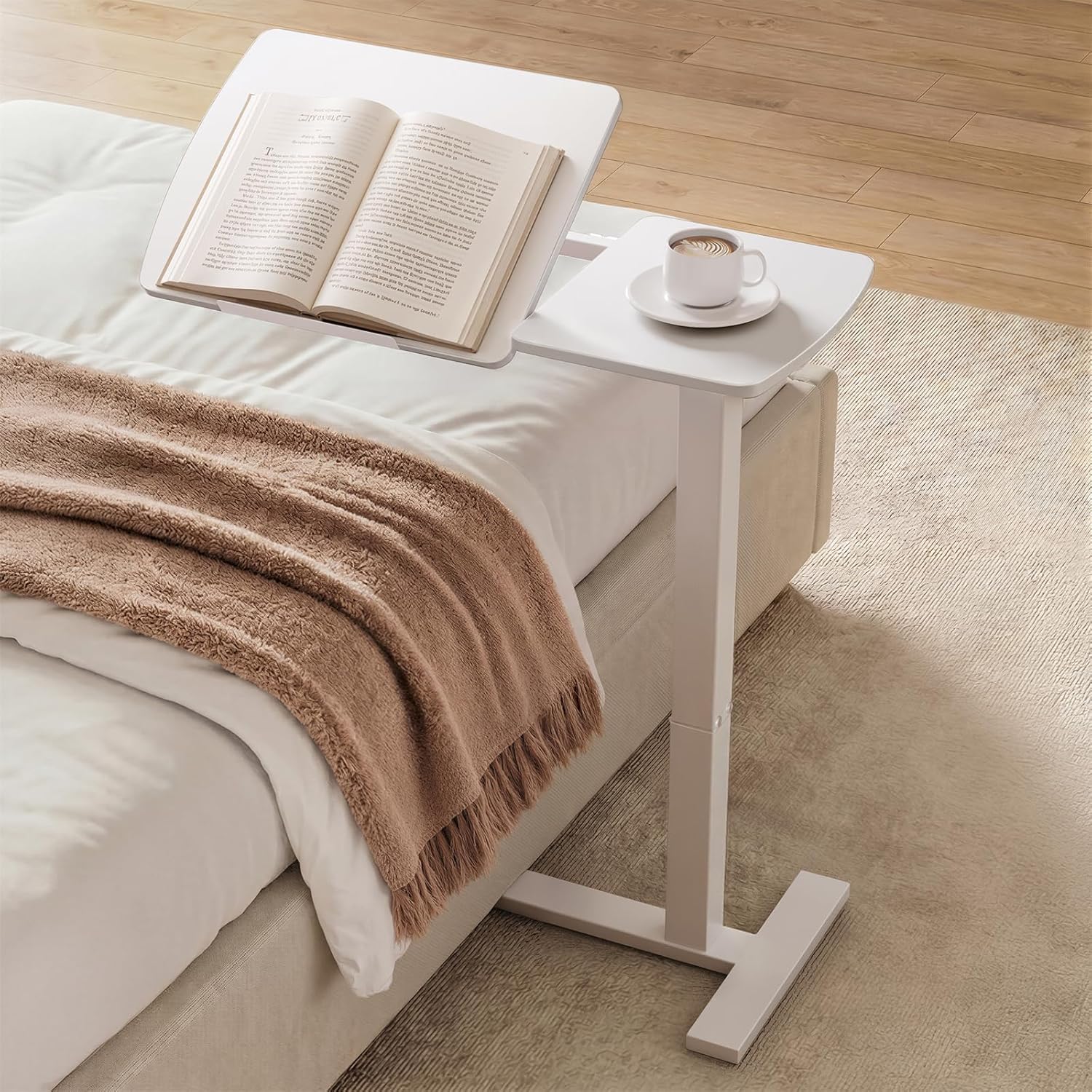 Sakugi Overbed Bedside Table with Wheels, Height Adjustable Laptop Desk, Hospital Bed Table with Right-Side Tilt Top, Rolling Bed Tray for Home & Office,27.6" L x 12.9" D x 29.1"–39" H, White