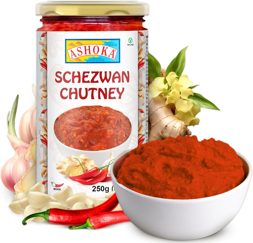Ashoka Schezwan Chutney | Vegan | Kosher Certified | No Colors | Gluten-Free | Authentic Indian Recipe Since 1932 | Great for BBQs, Wings, and Veggies | 250 Grams