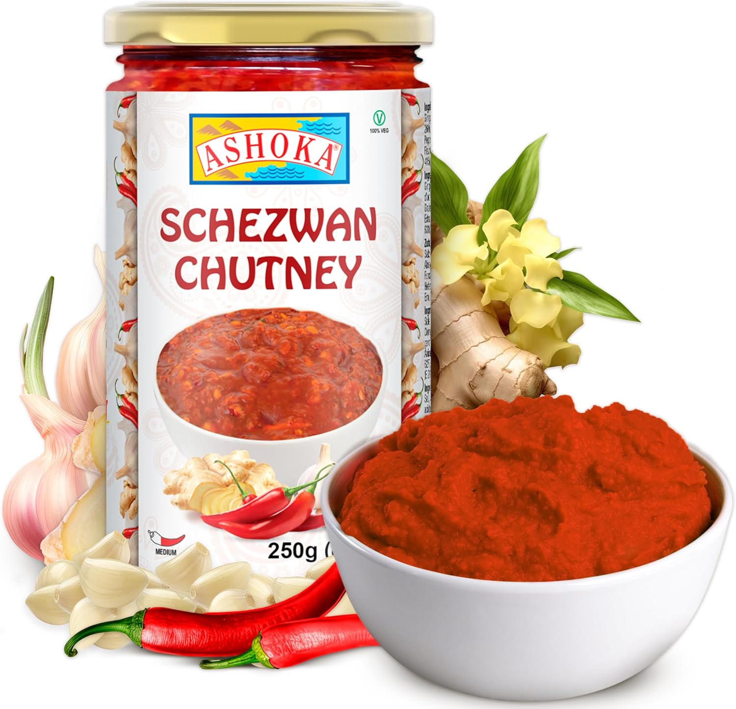 Ashoka Schezwan Chutney | Vegan | Kosher Certified | No Colors | Gluten-Free | Authentic Indian Recipe Since 1932 | Great for BBQs, Wings, and Veggies | 250 Grams