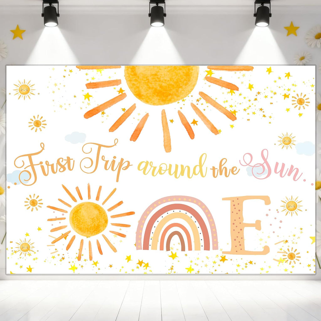 First Trip Around The Sun Party Decorations，Boho Sunshine 1st Birthday Party Banner, Sun Theme 1st Birthday Party Photo Background Decoration Supplies for Boys Girls