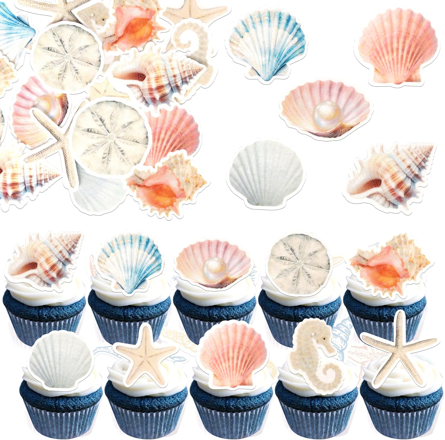 60 PCS Edible Sea Shell Cupcake Toppers Starfish Conch Seahorse SeaShell Cupcake Picks Edible Beach Party Decorations for Under the Sea Baby Shower Wedding Birthday Party Cake Decors Supplies