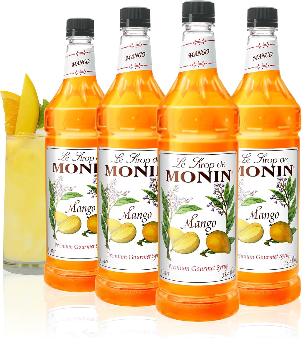Monin - Mango Syrup, Tropical and Sweet, Great for Cocktails, Sodas, and Lemonades, Gluten-Free, Non-GMO (1 Liter, 4-Pack)