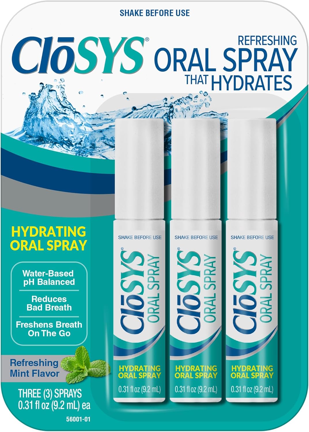 CloSYS Oral Breath Spray, Sugar Free Mouth Spray for Bad Breath, pH Balanced Mint Flavored 0.31oz (3 Count)