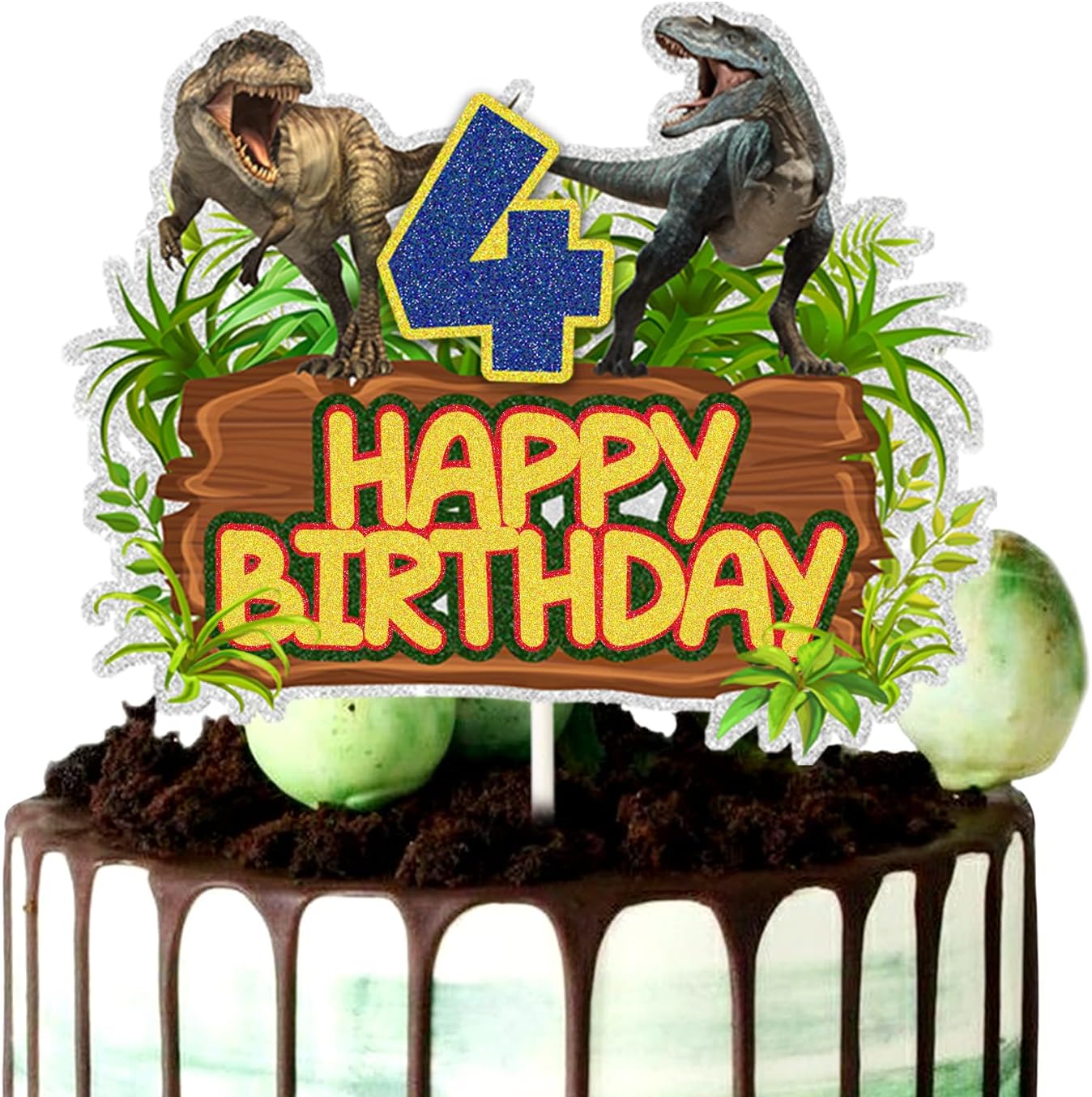 ChienMin Dinosaur Happy 4th Birthday Cake Topper - Dino Jungle Jurassic Party Decor - Multi-layer Combination Dinosaur Park Cake Decor for Kids Boy Birthday - Gold