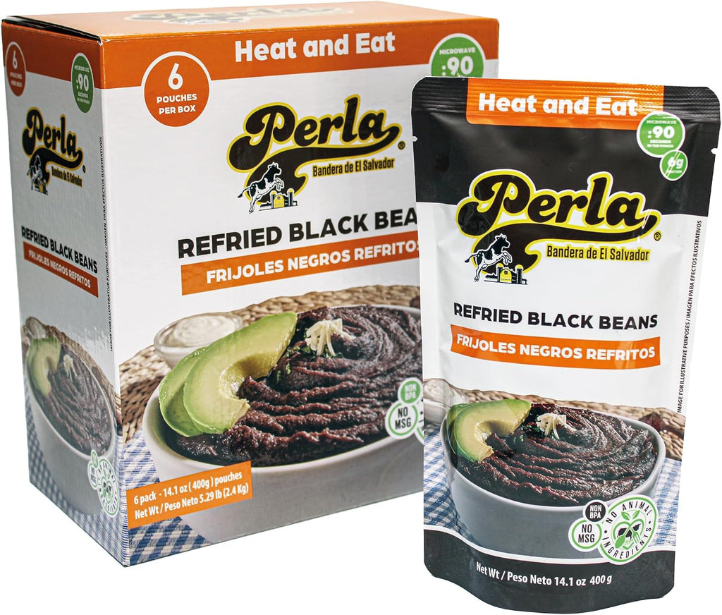 Perla Refried Black Beans (Frijoles Negros Refritos) - No MSG, Non BPA, No Animal Ingredients, No soy added, No Preservatives, No artificial additives, 6 Grams of Protein, Microwavable, Fully Cooked, Just heat and eat |14 ounces (PACK of 6)