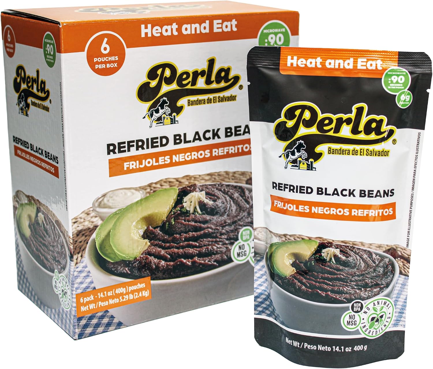 Perla Refried Black Beans (Frijoles Negros Refritos) - No MSG, Non BPA, No Animal Ingredients, No soy added, No Preservatives, No artificial additives, 6 Grams of Protein, Microwavable, Fully Cooked, Just heat and eat |14 ounces (PACK of 6)