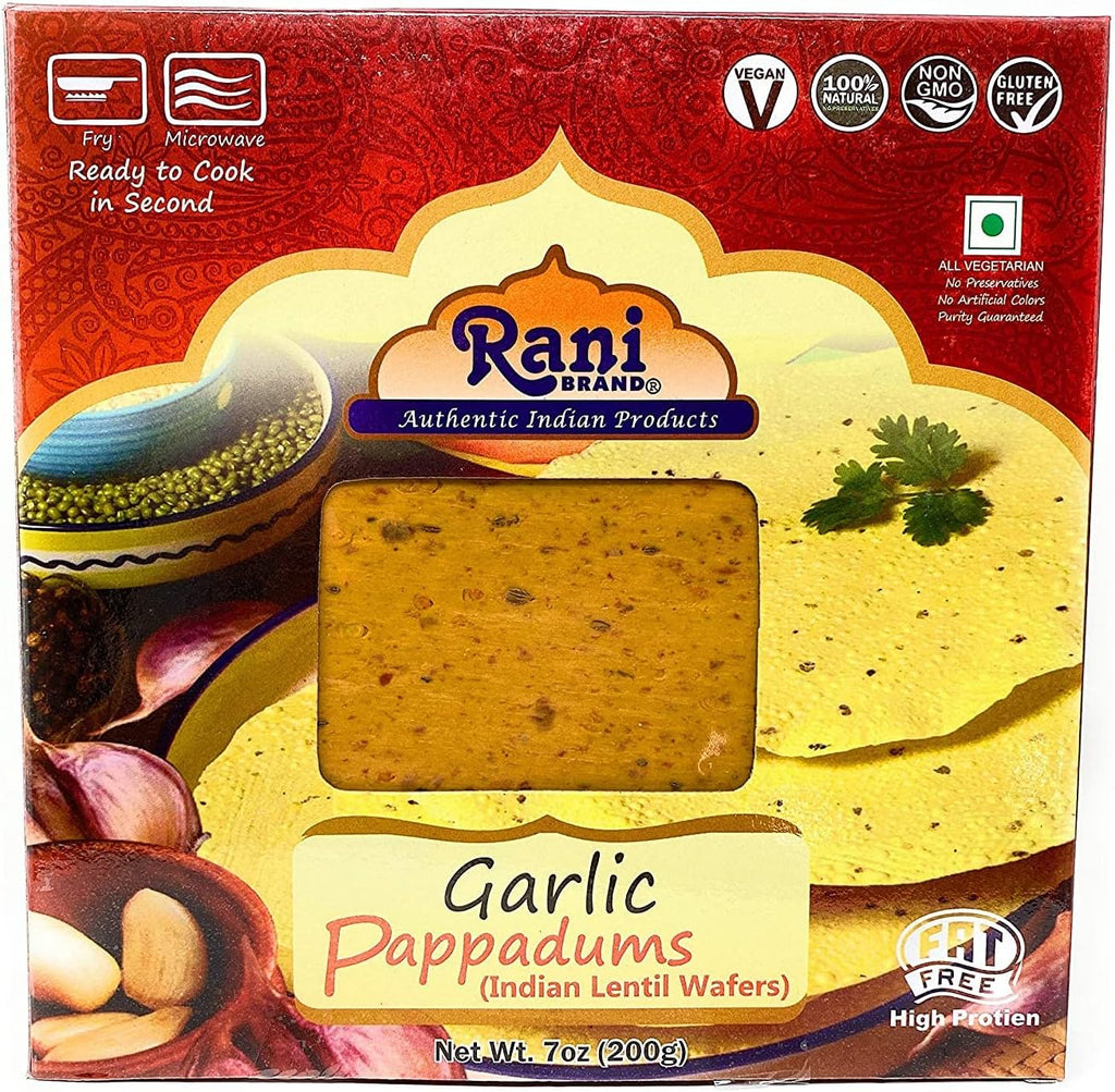 Rani Pappadums (Indian Lentil Wafer Snack) Garlic Papad 7oz (200g) Approximately 15pc, 7 inches ~ All Natural | Gluten Friendly | NON-GMO | Vegan | Indian Origin