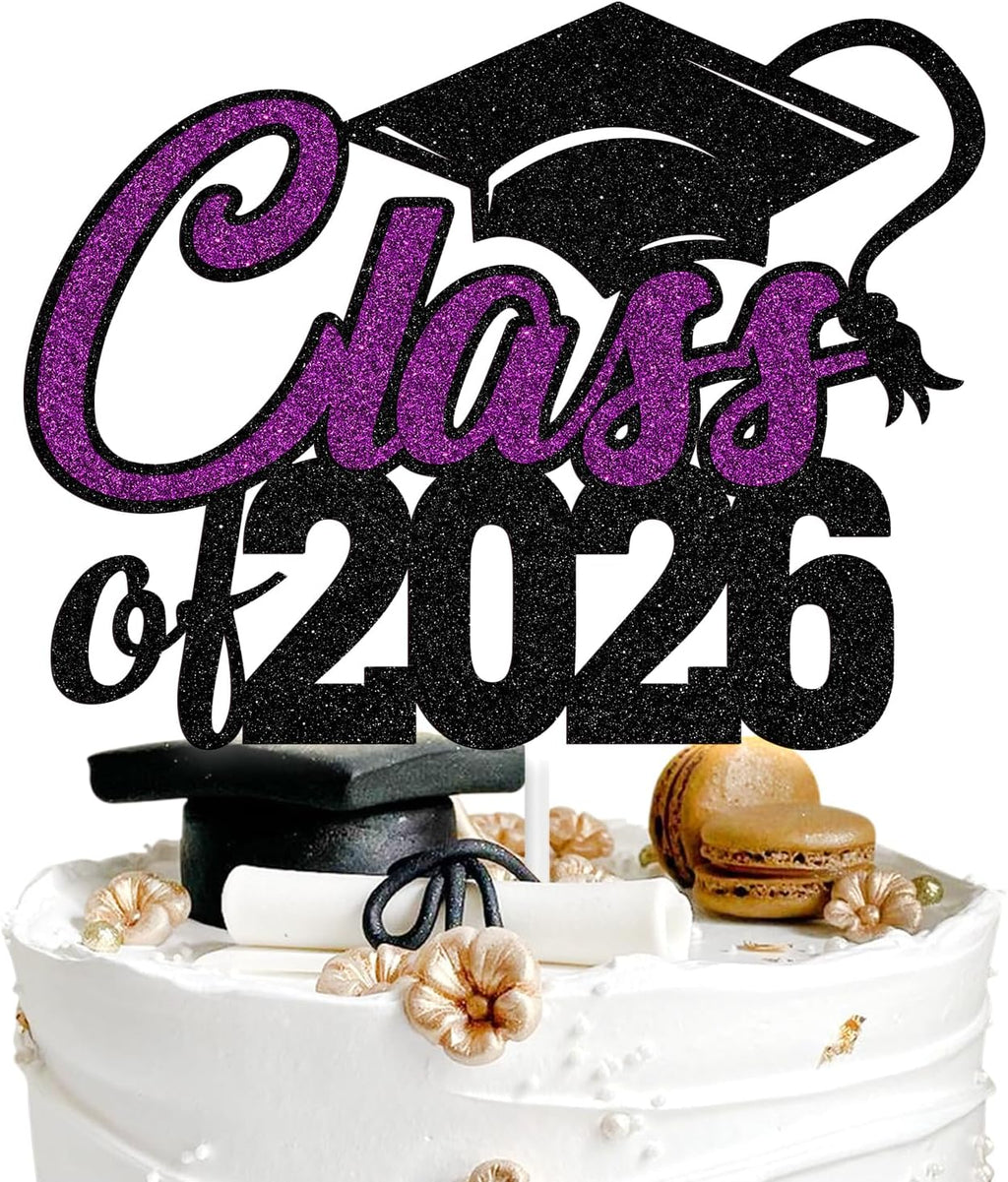Aeryourtar Class of 2026 Cake Topper, Congrats Grad 2026 Graduation Cake Decor, So Proud of You, High School/College Graduate Celebration Party Decoration Supplies, Black and Purple Glitter