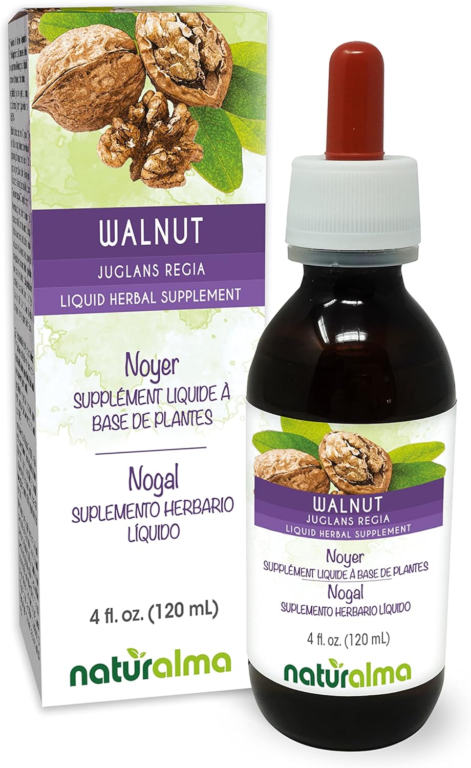 Naturalma Walnut (Juglans regia) Hull of The Fruit or Pericarp (Walnut Husk) and Leaf Alcohol-Free Tincture - 4 fl oz Liquid Extract in Drops - Herbal Supplement - Vegan