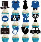 Baby Shower Cupcake Toppers - 24 Pcs Cute Boss Happy Birthday Decorations for Boys 1st Black Edible Gender Reveal Cake Supplies for Kids Blue First Party Paper Dessert Insert Picks Decors