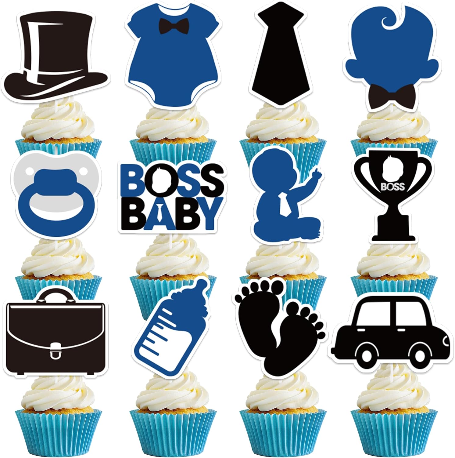Baby Shower Cupcake Toppers - 24 Pcs Cute Boss Happy Birthday Decorations for Boys 1st Black Edible Gender Reveal Cake Supplies for Kids Blue First Party Paper Dessert Insert Picks Decors