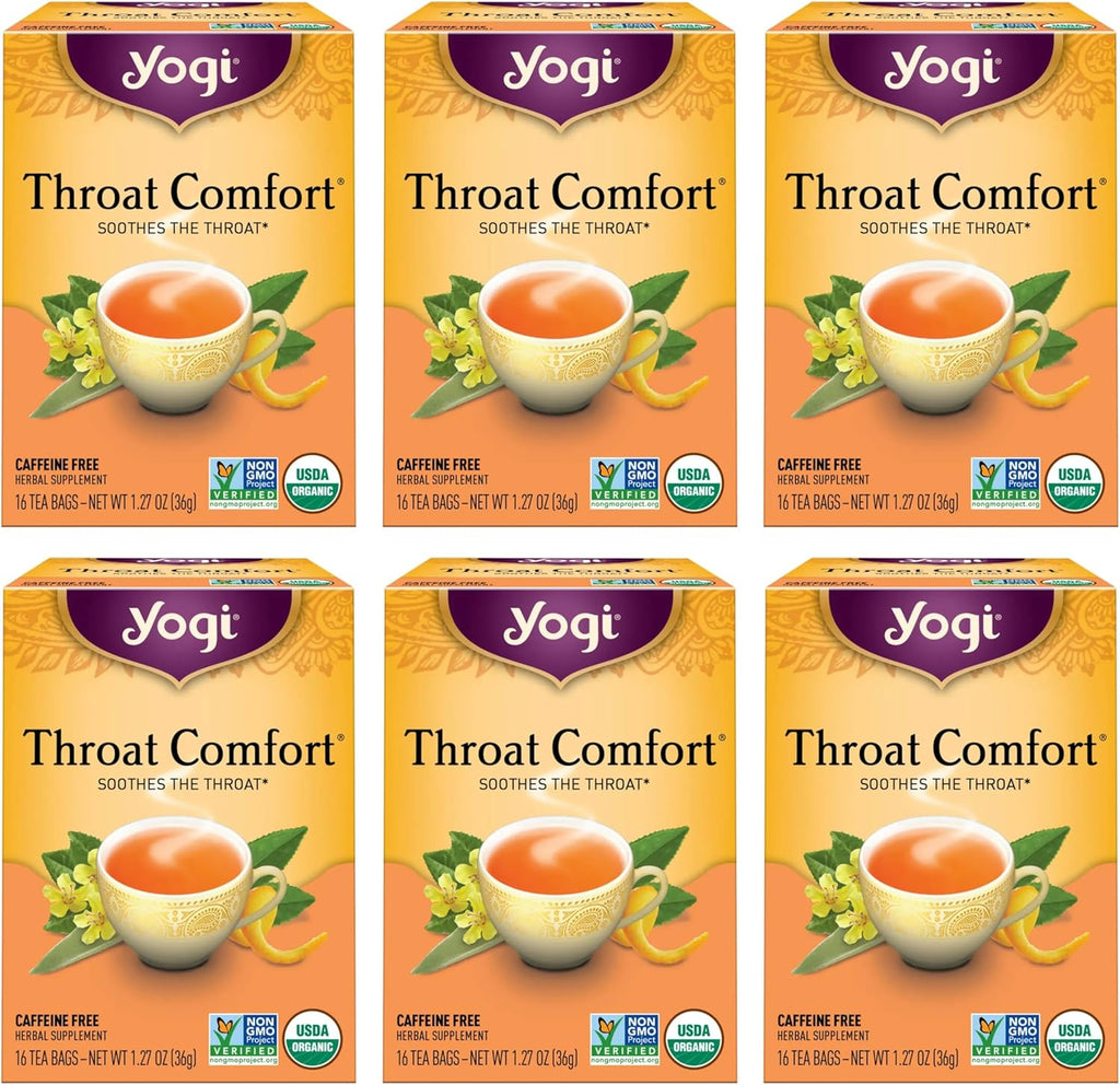 Yogi Tea - Throat Comfort (6 Pack) - Soothes the Throat with Wild Cherry Bark, Licorice Root, Mullein, and Ginger - Caffeine Free - 96 Organic Herbal Tea Bags