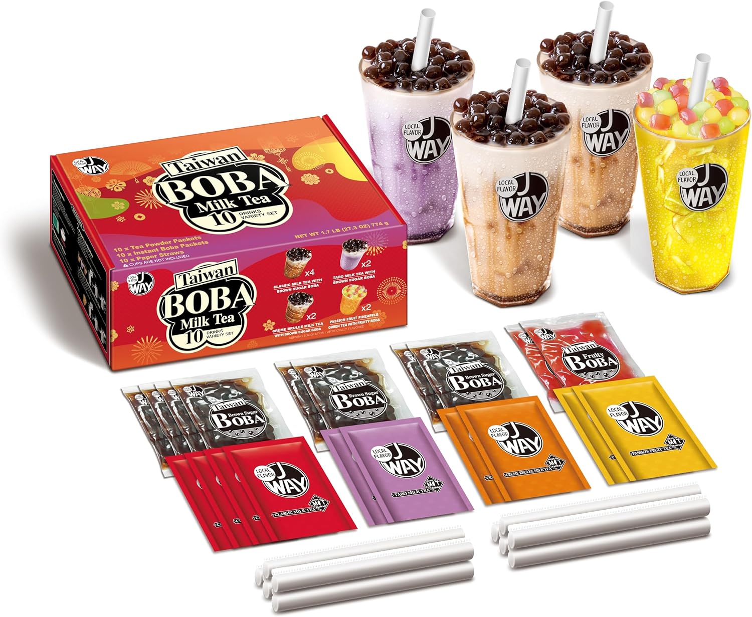 J WAY Instant Boba Bubble Pearl Variety Milk Tea Fruity Tea Kit with Authentic Brown Sugar Caramel Fruity Tapioca Boba, Ready in Under One Minute, Paper Straws Included - Gift Box - 10 Servings