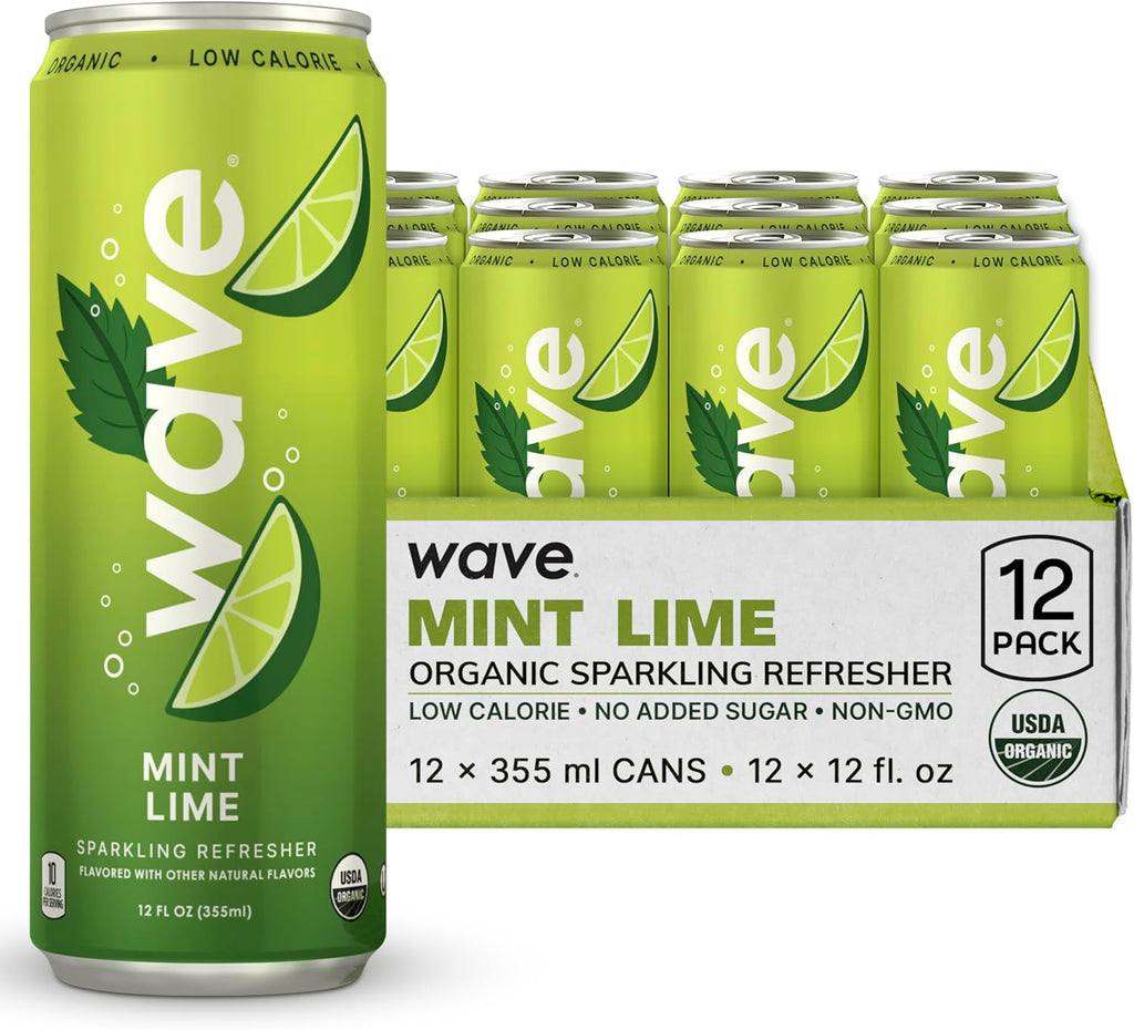 WAVE Organic Sparkling Drink | Low Calorie Drink, Mint Lime Lightly Carbonated | Great Natural Soda Alternative | USA Made Kosher No Added Sugar, Color, & Artificial Ingredients |12 Pack