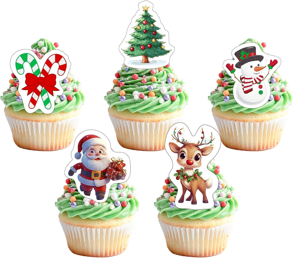 50 PCS Edible Christmas Cupcake Toppers Santa Claus Candy Cane Xmas Tree Snowman Deer Cupcake Picks Edible Merry Christmas Cake Decorations for Xmas Theme New Year Holiday Birthday Party Supplies