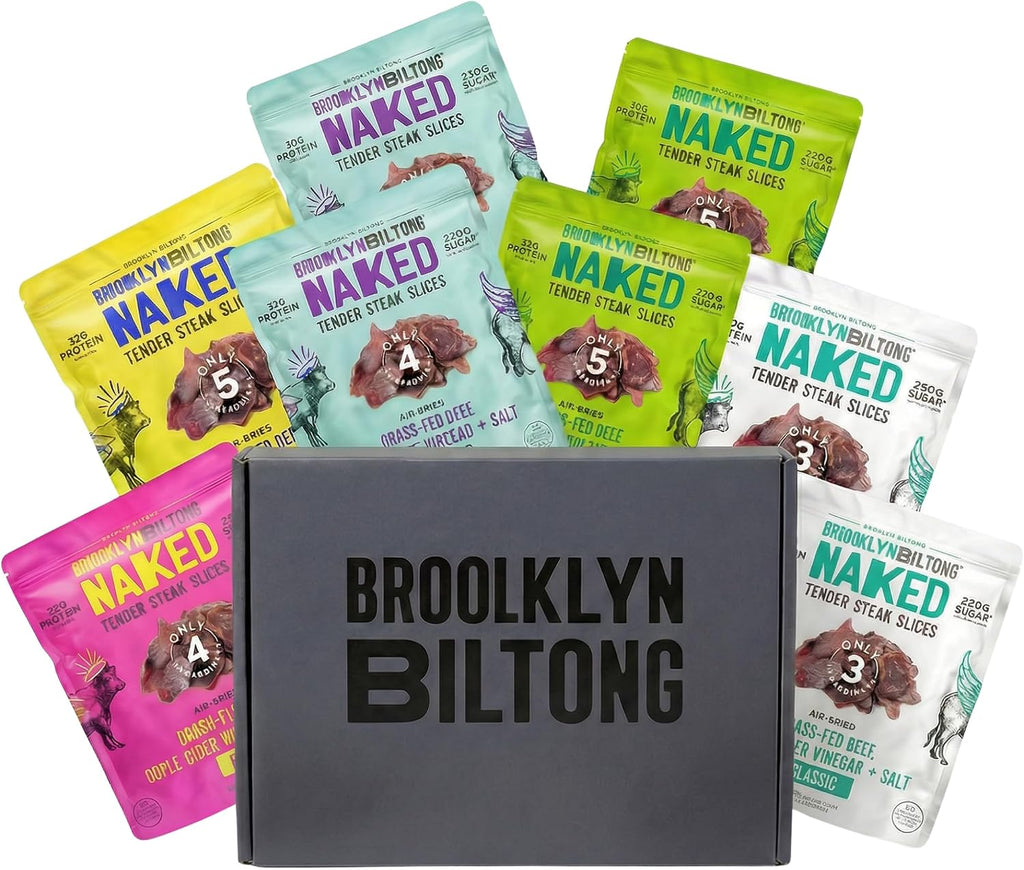 Brooklyn Biltong Beef Jerky Gift for Men (Biltong Gift Box 2 oz, Pack of 8) – Premium Air-Dried Grass-Fed Healthy Beef, High Protein Keto & Gluten-Free Snacks, Whole30 Biltong Box, Made in USA